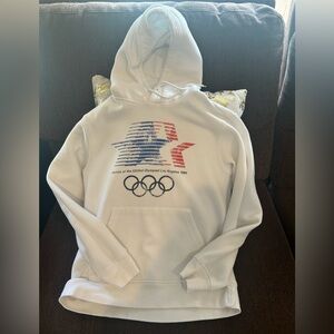 Men size small. White Olympic Hoodie with USA Flag Design